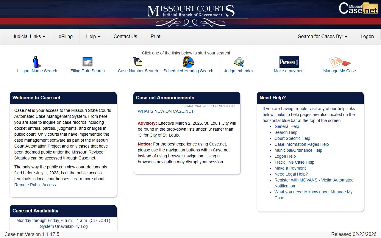 Missouri Case.net court records phone directory search portal