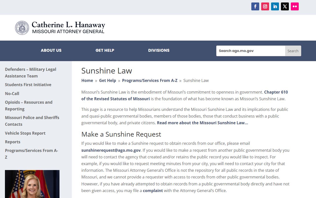 Missouri Attorney General Sunshine Law phone directory information
