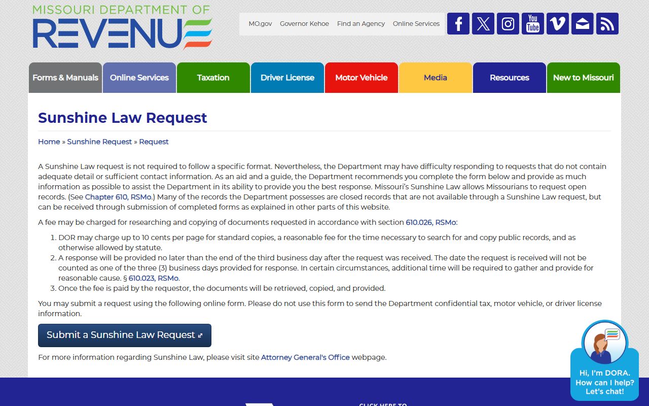 Missouri DOR Sunshine Law request portal for phone directory records
