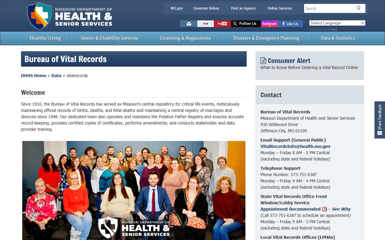 Missouri Bureau of Vital Records phone directory and records page