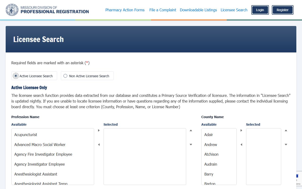 Missouri Professional License phone directory search portal