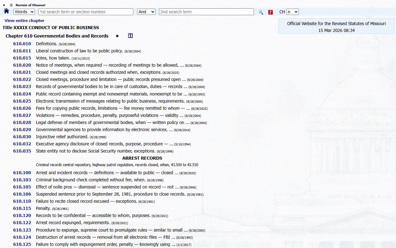 Missouri Sunshine Law statutes for phone directory public records access